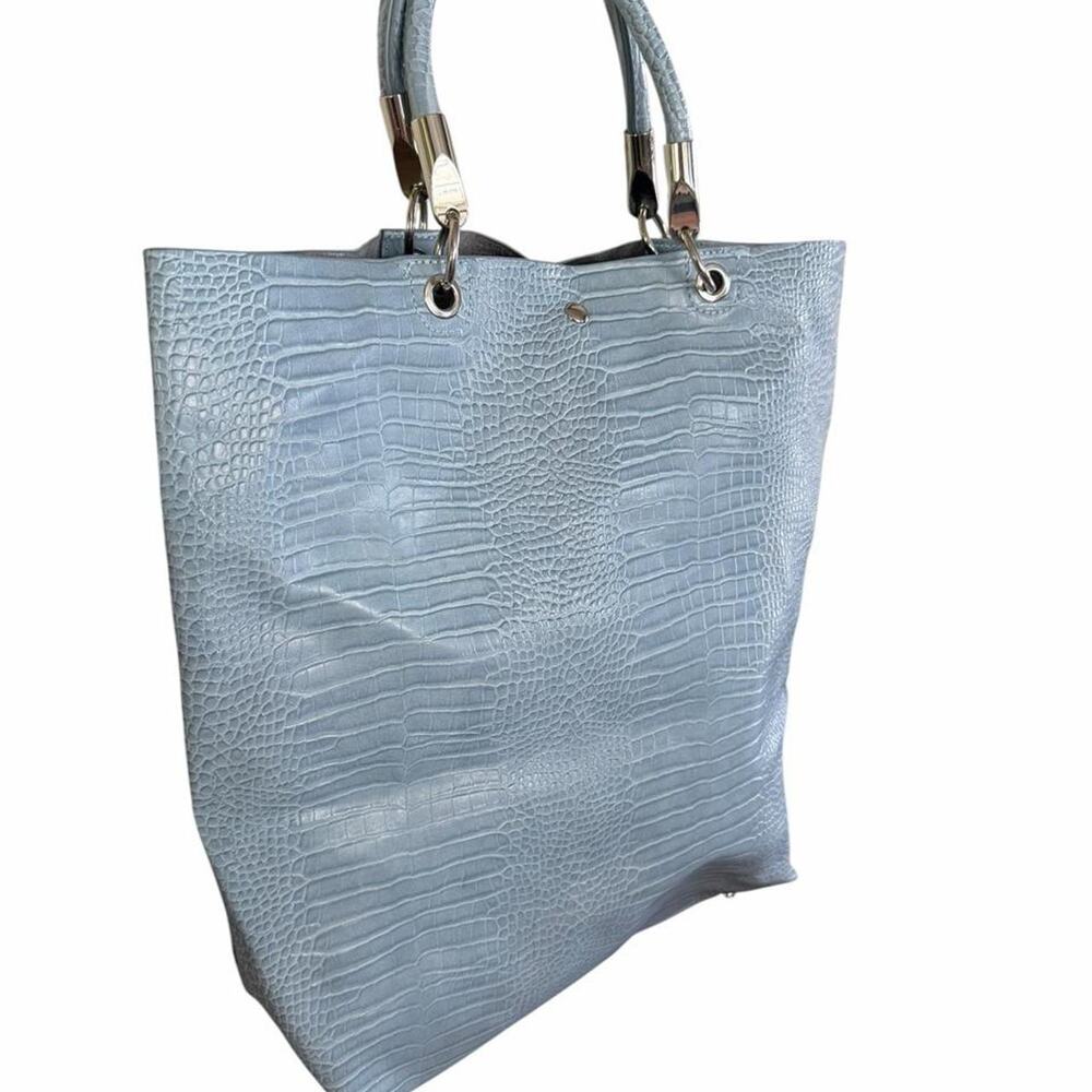Baby blue crocodile print tote